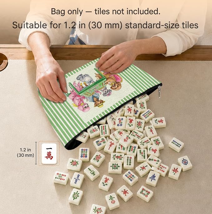 Funny Dog Cat Empty Mahjong Tile Bag 13x7.8 Inch | Green Striped Pet Portable Travel Case Organizer Zipper Pouch for American Mahjong Tiles Game Night Accessories and Gifts