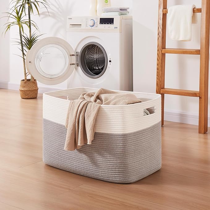 OIAHOMY 108L Extra Large Blanket Basket Dog Toy Basket Grey/White | Rectangle Woven Baskets for Storage Cotton Rope Basket For Living Room Toy Storage Blanket Storage Laundry Basket