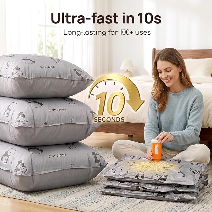 Vacuum Storage Bags with Cordless Pump for Travel & Clothing | Oxford fabric,leak-proof, 5 sizes: XS to Jumbo,Fits 20" carry-on to king comforters.3-in-1 Cordless pump,Reusable