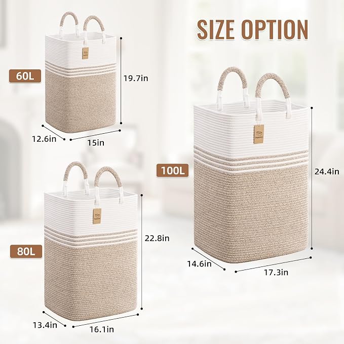 Laundry Basket Hamper,Blanket Storage,Dirty Clothes Hamper with Swivel Handles,Woven Cotton Rope Toy Baskets,Blanket Basket Living Room,Decorative Hampers for Nursery,Bedroom,White & Linen,100L