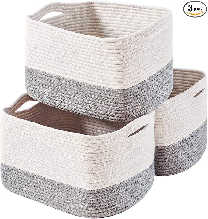 ICERZCZ Storage Baskets for Organizing Shelves, Woven Cotton Rope Bins for Baby Nursery Organization, Book Toy Towel Organizer, 15"x11"x9.5", 3 Packs, Off White & Grey