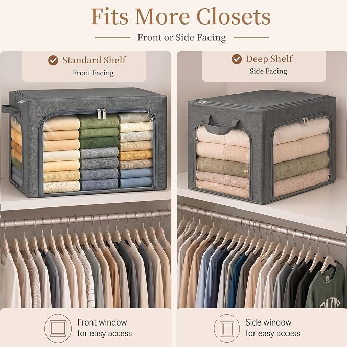 GoMaihe Clothes Storage Bins with Metal Frame for Blanket 3 Pack 66L Grey | Closet Top Shelf Linen Closet, Winter Clothing Bedding Comforters, 3 Side Access Stackable Collapse-Proof See Through Window