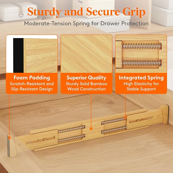 Lifewit 2.4" Kitchen Drawer Dividers, Adjustable Bamboo Drawer Organizers | 6 Pack 17.5"-22" Expandable Drawer Separator for Clothes, Utensils, Dresser, Cabinet, Closet, Nursery Organization & Storage