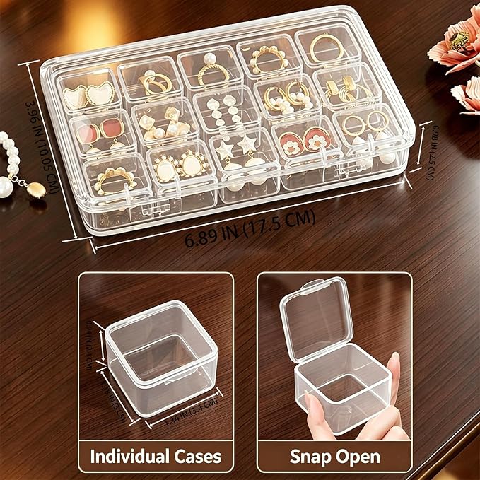 2 Pack 15 Grid Storage Organizer, Independent Small Compartment Boxes | Portable storage boxes for earrings, beads, nail art rhinestones and small hardware to prevent clutter.