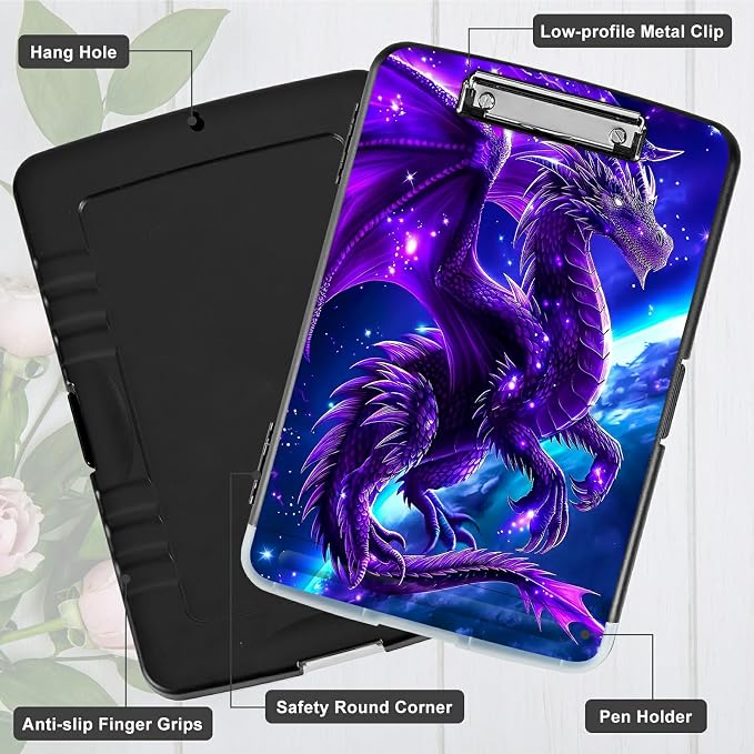 Purple Planet Dragon A4 Clipboard with Storage Pen Holder, Clipboards Organizer Nursing Clipboard Foldable File Folder Plastic Clipboard Folio Clip Board for Office Students Classroom
