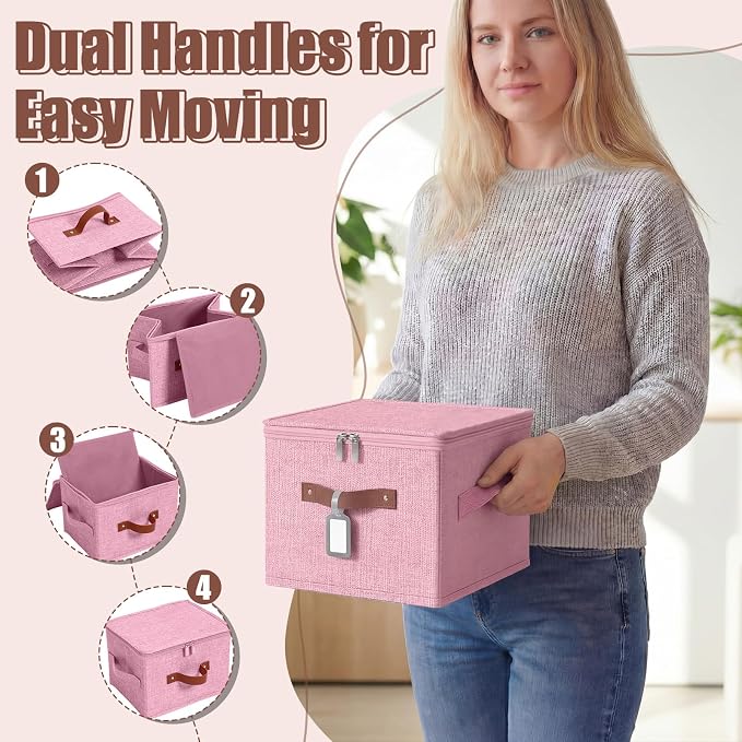 6 Pack Fabric Bins with Lids, 10 x 8 x 7 Inch Fabric Storage Bins with Zipper Lids and Labels, Decorative Foldable Storage Cubes with Handles for Closet Nursery Shelf Organization, Pink