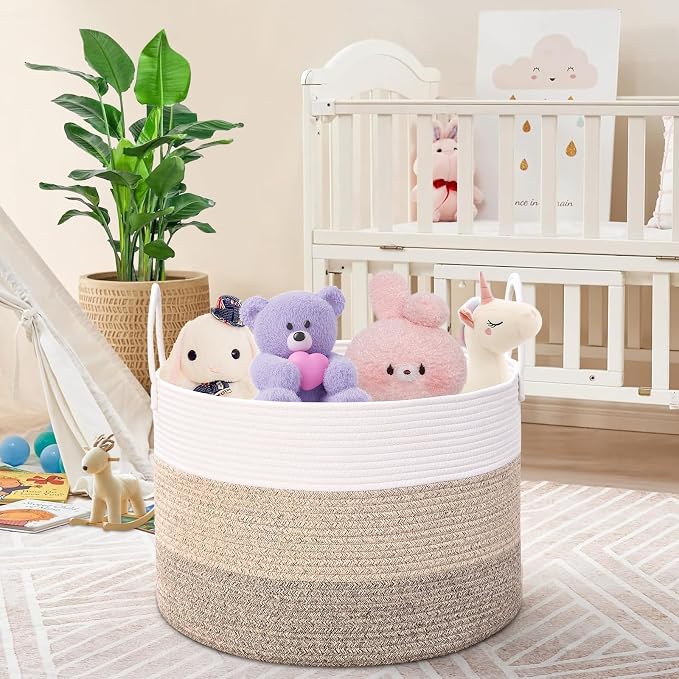 67L Large Woven Blanket Basket, Cotton Rope Baby Laundry Hamper with Handles, Kids Toy Basket for Classroom & Nursery, Soft Round Stuffed Animal Storage, Dog Toy Bin - 20"x13", Jute