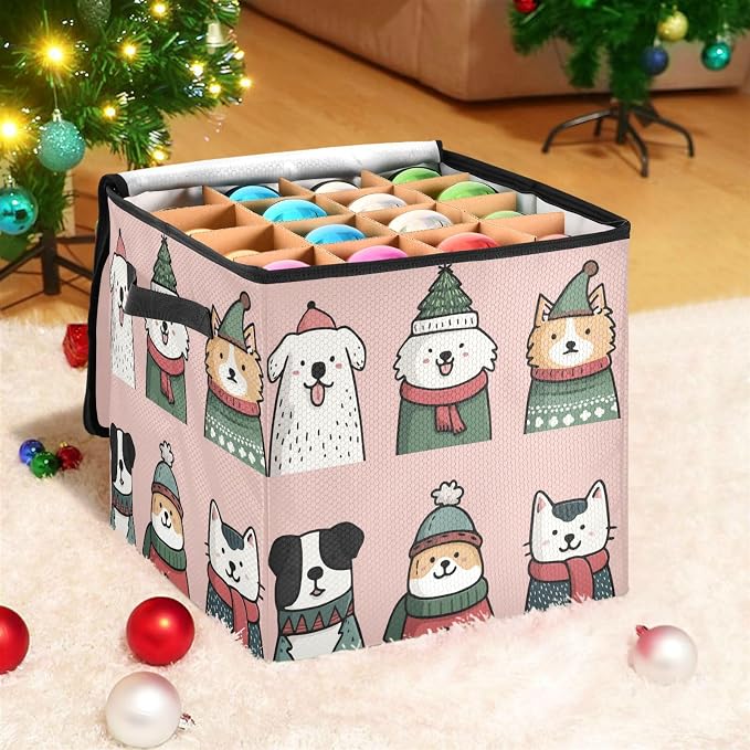 OTVEE Christmas Ornament Storage Box Holiday Decoration Organizer Stores upto 64 Holiday Ornaments Adjustable Dividers Tear-Proof Fabric Whimsical Pet Art
