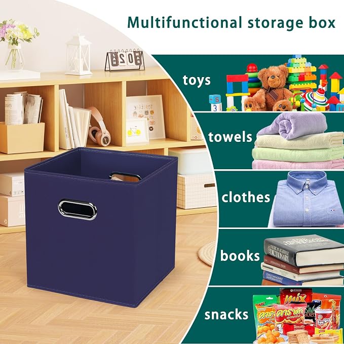 Black Foldable Storage Cubes Bins, Fabric Storage Box Cubes Organizer Baskets with Dual Handles for Home Organizer,Set of 6,(Navy Blue)
