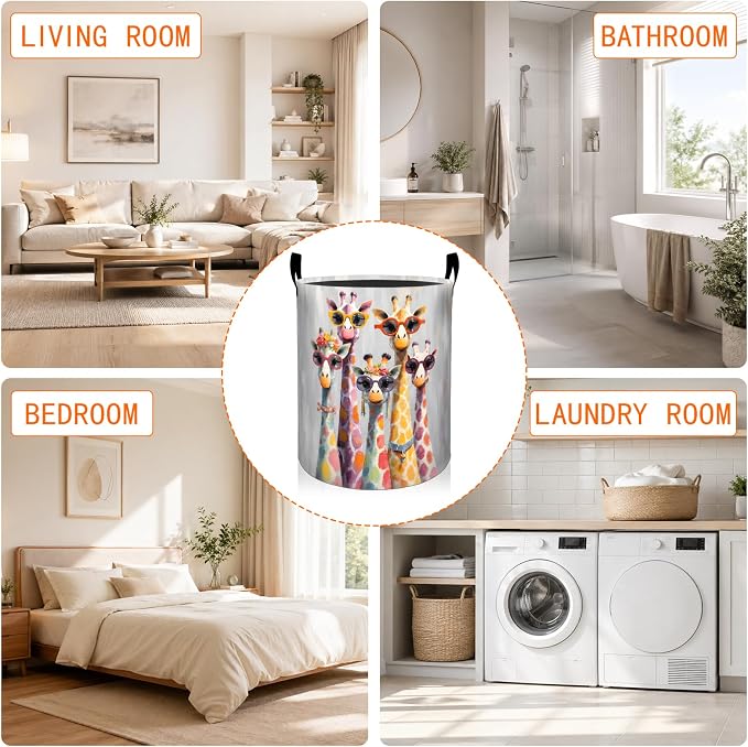 Cute Giraffe Laundry Basket, Colorful Animal Sunglasses Oxford Cloth Dirty Clothes Collapsible Hamper for Room Decor, Safari Gifts, Toy Organizer 19.7 x 15.7 Inches for Bedroom Bathroom Dorm
