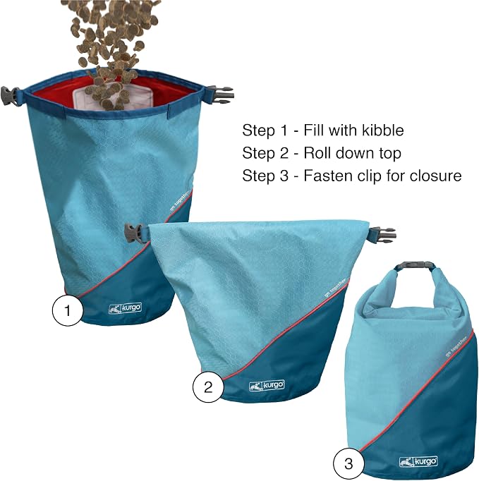Kurgo Kibble Carrier, Coastal Blue | Dog Food Travel Bag, Ripstop Material, Food-Safe Liner, Bottom Bowl Stash Pocket, Side Zip Pocket, Hold Up to 5 Lb of Kibble
