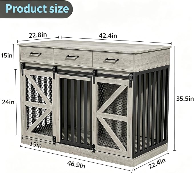 Spacesea Large Dog Crate Furniture with Sliding Barn Door, 48" Wooden Dog Kennel Indoor End Side Table for Home Decor, Removable Divider, 3 Drawers, Furniture Style Dog Crate TV Stand