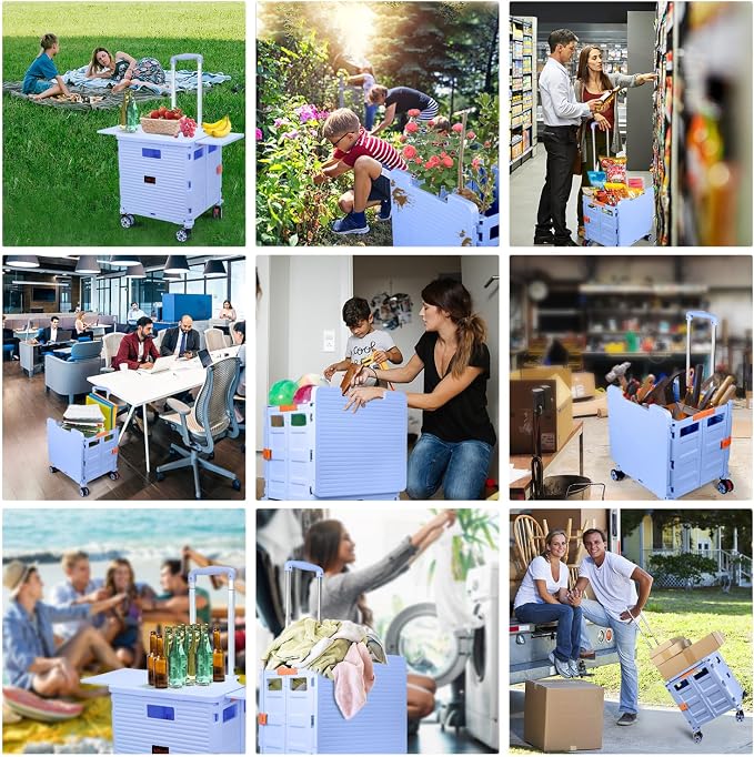 Foldable Utility Cart Collapsible Portable Crate Rolling Carts with Wheels Tote Basket with Magnetic Lid Telescopic Cover Wear-Resistant 360°Rotate Wheel Noiseless for Shopping Storage Office Use