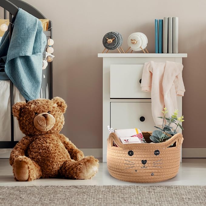 Zopeal Cat Storage Basket Woven Organizer with Ears Decorative Gift Cute Cotton Rope Pet Toy Basket for Gift Cat Dog Toy Bin Nursery Room(13.7 x 7.8 Inch,Khaki)