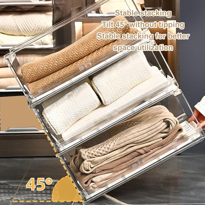 Closet Storage Box Clear Stackable Drawer Type PET Clothing Organizer Bin with Support Rod for Wardrobe Bedroom Shelf Clothes Storage 16.7x12.0x6.5in