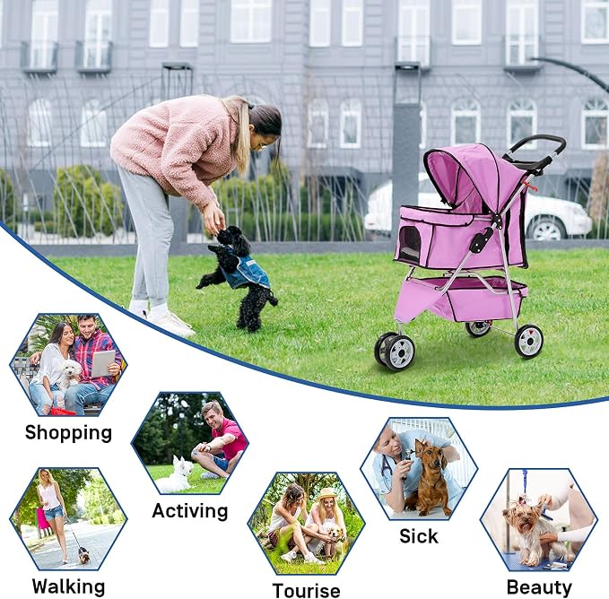 TTY Store Best 3 Wheels Pet Stroller for Dog Cat or Small Pet, Lightweight Foldable Pink
