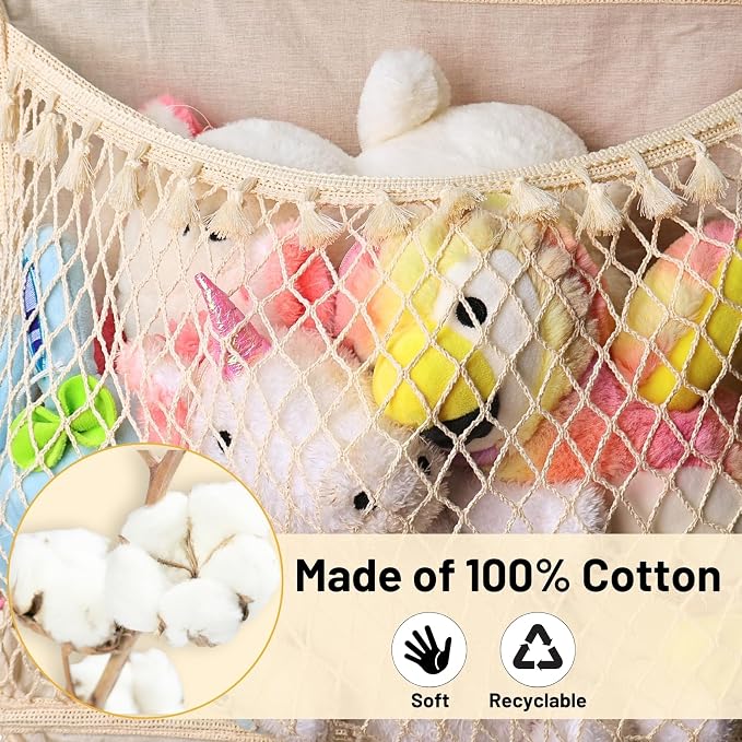 Over The Door Stuffed Animal Storage, Cotton Toy Organizer for Storage Plush Toys,Baby Supplies, Stuffed Animal Holder with 4 Large Pockets, Hanging Door Organizer for Nursery, Bedroom (Tassel)