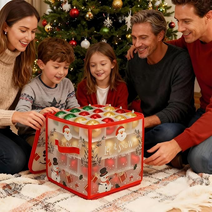 Christmas Ornament Storage Box, Christmas Ball Container with Dividers for 64 Balls, Space-Saving Holiday Decor Organizer Xmas Ornaments Box (Red)
