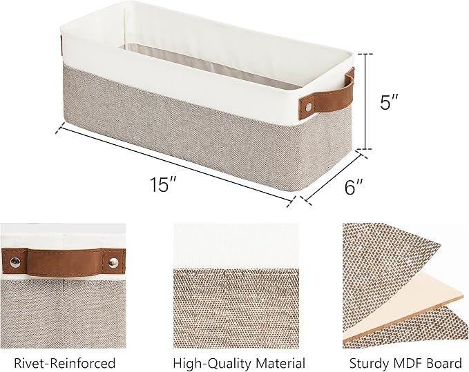 StorageWorks Narrow Storage Bins, Small Baskets, Brown and White, 2-Pack | With Metal Frame, Sturdy Structure, PU Handles, Toilet Paper Storage, Long Storage Bins for Bathroom, Closet, Shelf