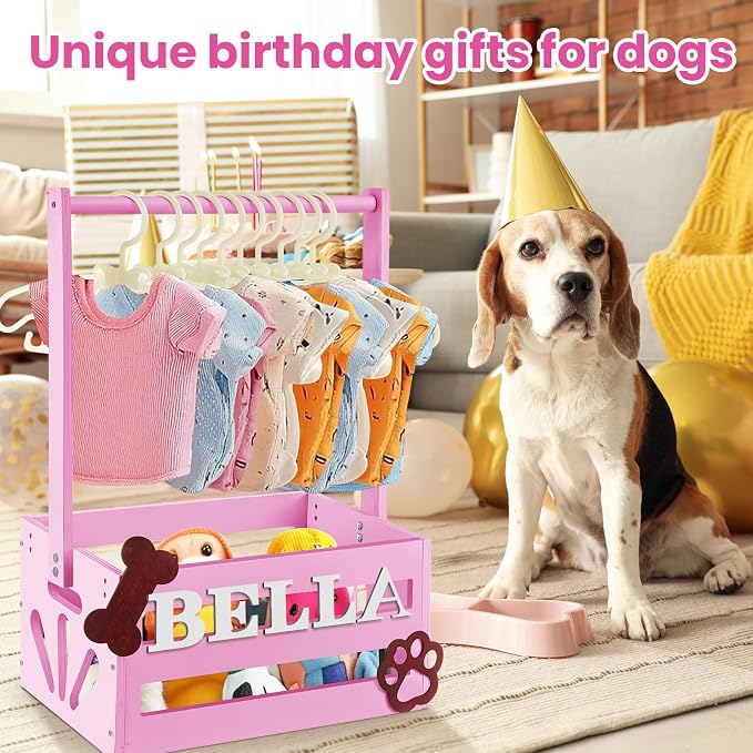 Teenyyou 20 x 13 x 9 Wooden Dog Closet Pet Wardrobe Crate Box with Hanging Rods and Personalized Alphabet Letters Easy Assembly Baskets for Dog Cat Toys Clothes Accessories(Pink)