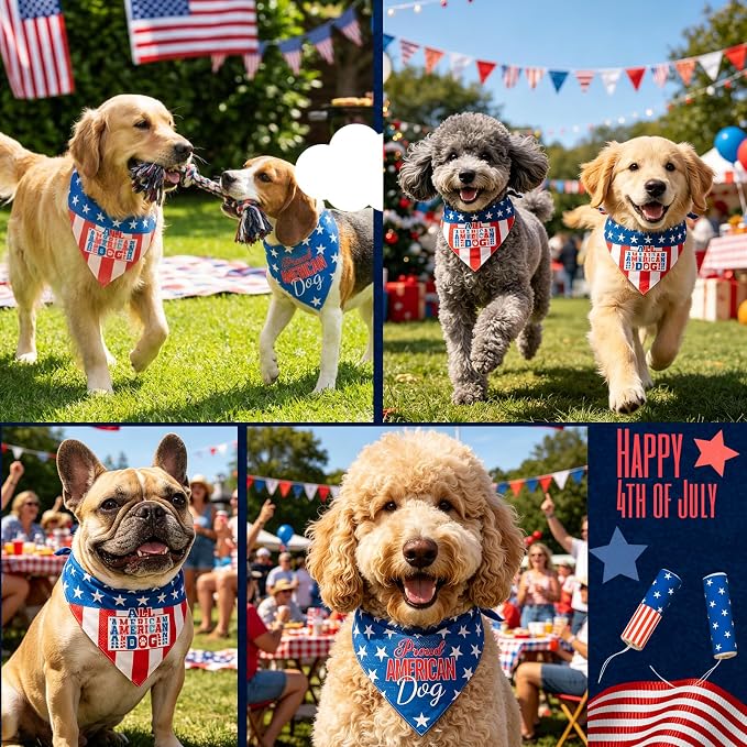 4th of July Dog Bandana, 2-in-1 Vintage American Flag with Fun Slogan Reversible American Flag Triangle Scarf, Adjustable Snap Button Patriotic Neckwear for Small & Medium Breeds (5-30lbs)