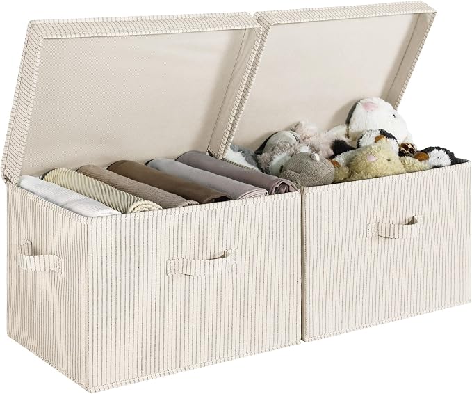StorageWorks Fabric Storage Bins with Lids, Closet Storage Bins | Flip-Top Lid, 3 Handles, Collapsible, Stackable, for Clothes Blankets, Multi-Purpose, Jumbo, Khaki and Beige Stripes, 2-Pack