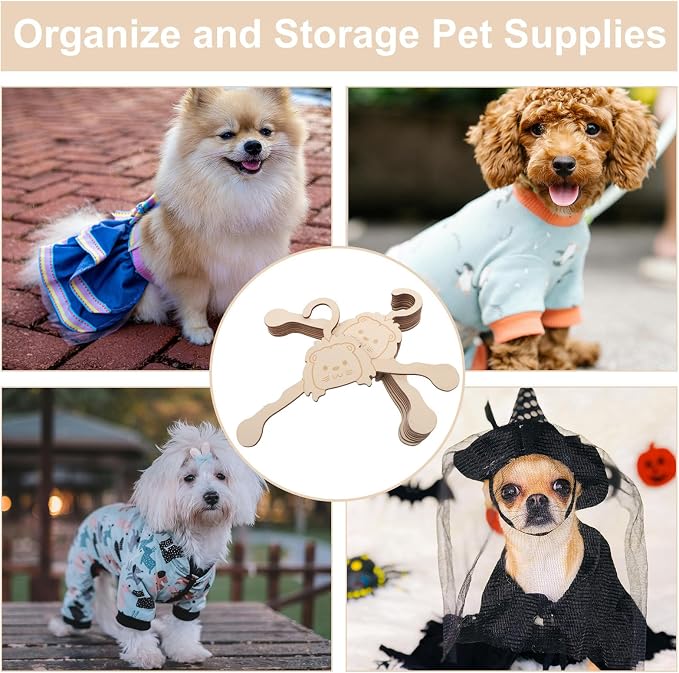 10pcs Wooden Pet Coat Hanger for Puppy Clothes Rack with Cartoon Animal Shape, Beige Small Dog and Cat Clothes Organizer, for Hanging, Drying, and Displaying Pet Apparel