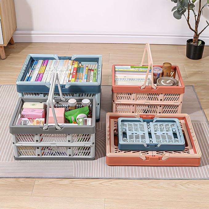 2-Pack Foldable Storage Baskets, 20L Collapsible Crates PP Grey+Pink | Comfortable carry handles, space-saving design, sturdy PP construction for home storage shopping camping and picnics