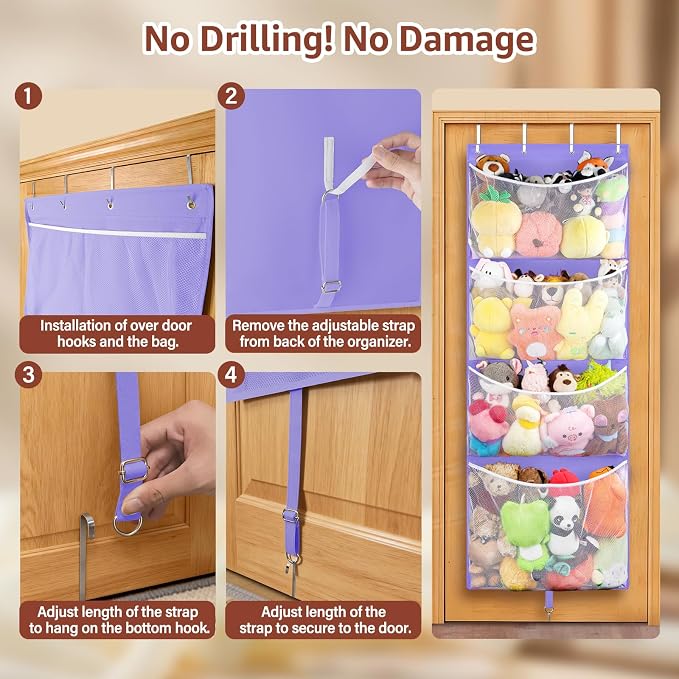 Over Door Stuffed Animal Storage, Hanging Plush Toy Organizer Holder | Behind Door Organizer with 4 Large Pockets, Mesh Hammock Bag for Doll & Bear Stuffies, Idea for Girl Boy Kid Nursery Closet