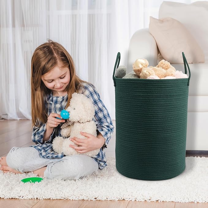 Woven Cotton Rope Laundry Basket, 15x20 Laundry Hamper, Dark Green | Rope storage basket for dirty clothes, toys and blankets. Perfect for bathroom, baby nursery and living room storage.