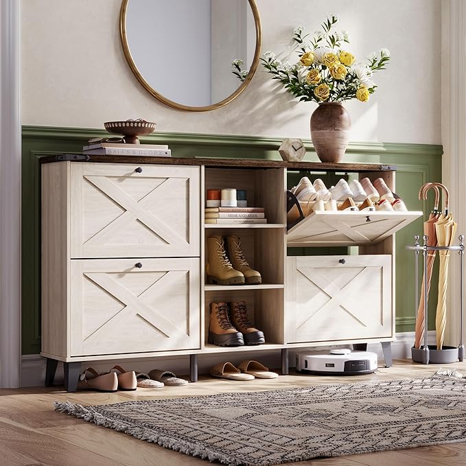 LINSY 63" Farmhouse Shoe Storage Cabinet Washed White | Tall Flip-Drawer Shoe Rack for Entryway, Adjustable Shelves for Boots, Heels & Sneakers Wood Finish with Sturdy Metal Legs