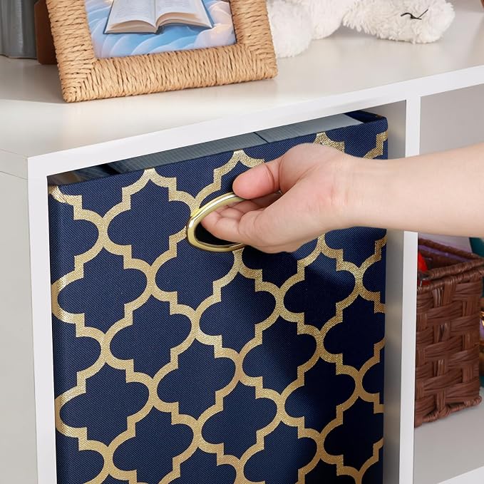 Posprica 13x13x13 Storage Cube Bins, Collapsible Storage Bins Fabric Storage Cubes Organizer Baskets Box Drawers for Shelves, Closet, Wardrobe, Bookshelf Blue/Gold Lantern, 4 Pack