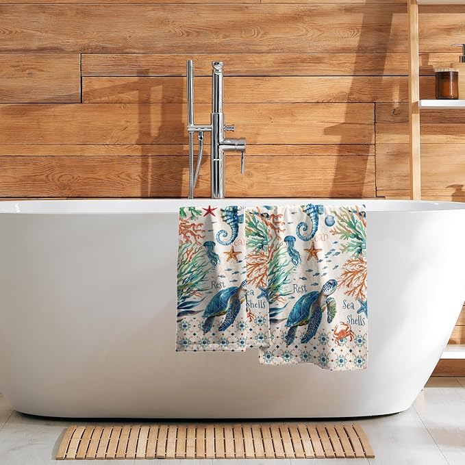 Giwawa Nautical Coastal Hand Towels Set of 2 Sea Turtle Seahorse Decorative Kitchen Dish Towels Soft Fingertip Towels for Bathroom Gym Spa Gifts