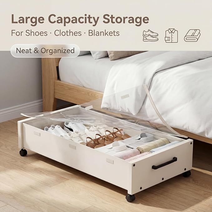 KITHELP Wooden Under Bed Storage with Wheels, Rolling Under the Bed Storage Bins with Removable Lid, Metal Under Bed Drawers for Clothes and Shoes in Bedroom or Living Room (White-2pack)