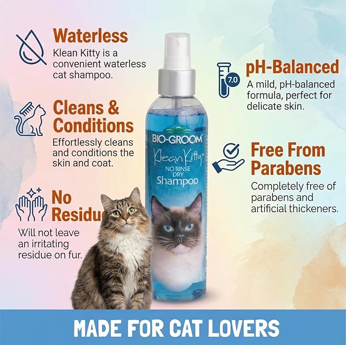 Bio-Groom Klean Kitty Waterless Shampoo for Cats – No-Rinse Formula, Kitten & Pet Grooming Spray, Cruelty-Free, Made in USA, 8 fl oz (1-Pack)