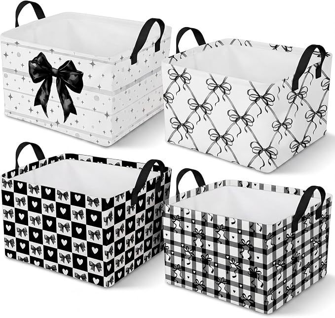 4 Pcs Coquette Black Bow Storage Basket for Gifts Dark Preppy Girly Collapsible Fabric Storage Bins with Handle Foldable Laundry Organizer for Home Bedrooms Baby Clothes Toys Books