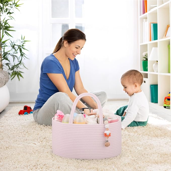 COMSE Baby Diaper Caddy Organizer for Girls, Cotton Rope, Light pink
