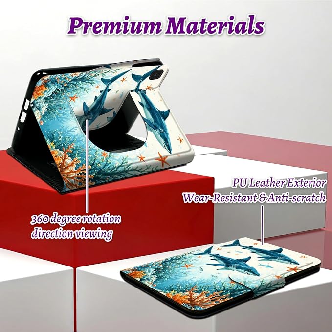 Rotating Handle Case for Samsung Galaxy Tab A 10.1" 2019 SM-T510/T515/T517, 360 Degree Swivel Kickstand with Magnetic Closure Leather Protective Cover for Women Men, Tuna Under the Sea