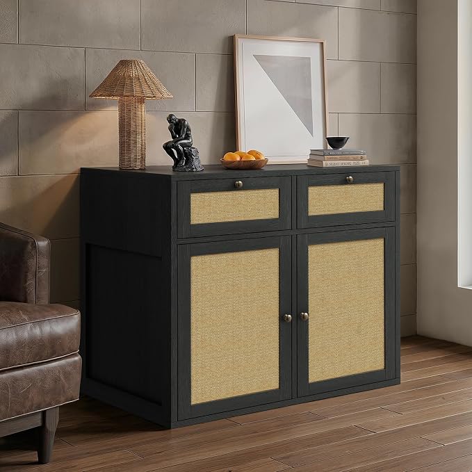 PureCozy Wooden Side Cabinet for Dog Crate Furniture, 40 Inch, Black Oak | Complementary storage unit with cane doors and 2 drawers; pairs with PureCozy dog crate furniture for indoor use.