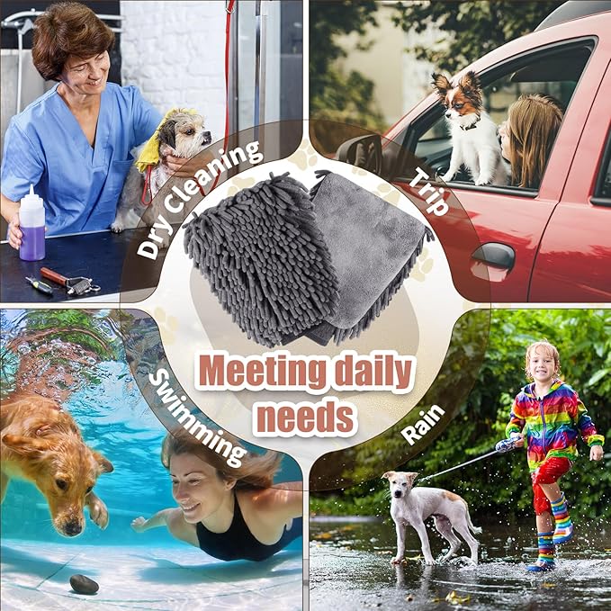 Teenyyou 2 Pcs Dog Towel Mitt Dry Bath Gloves Chenille Microfiber Paws Clean Pet Hair Washing Gloves Dog Grooming Mitts Bath Supplies for Cats Rabbits Horses Suitable for Long/Short/Poodle Fur(Grey)