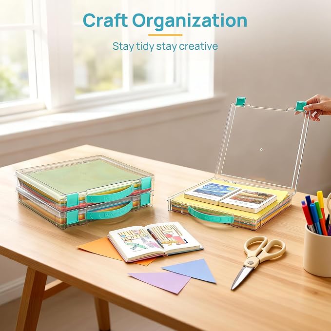 Vtopmart 6 Pack Board Game Storage with Handle and Snap-Tight Latch Lid | Clear Craft Organizer Fit 12" x 12" Papers, Stackable Storage Box for Scrapbook Storage, Art Supply Storage, Puzzle Storage