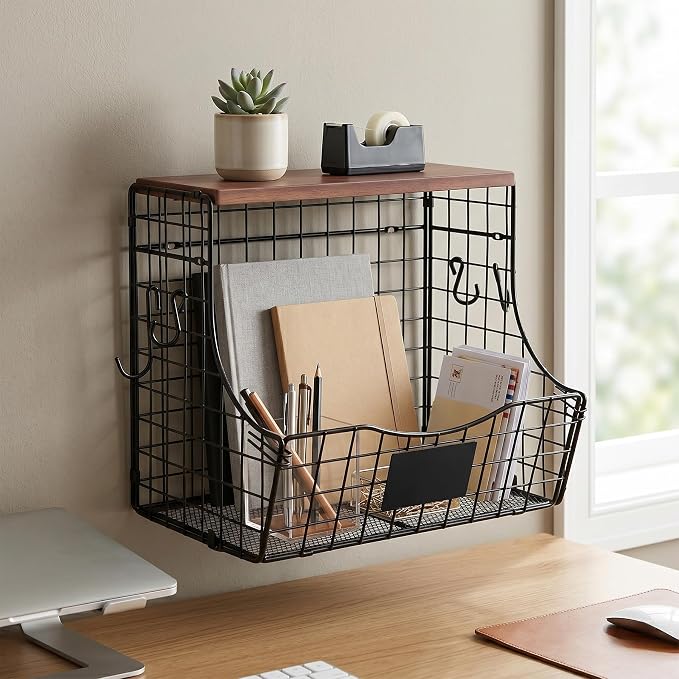 Pet Supplies Wall Basket with Wood Lid and Hooks, Dog Stuff Organizer for Wall, Puppy Toy Box Holder for Treats Leash, Wall Storage for Kitchen Pantry Bathroom, 11.8 x 8.7 x 10.6 in
