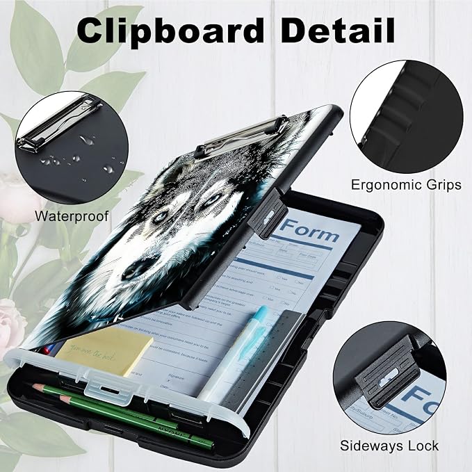 A4 Clipboard with Storage Pen Holder, Clipboards Organizer Nursing Clipboard Foldable File Folder Plastic Clipboard Folio Clip Board for Office Work Classroom Doctor, Huskies in Snow
