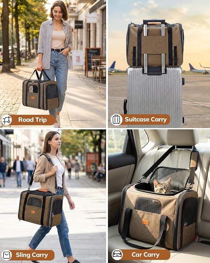 Morpilot Pet Carrier for Large Cats, Puppies & Small Dogs Up to 20lbs | Escape-Proof with Locking Zippers, Dual-Sided Cushion, Safety Buckle for Car & Vet Travel, Includes Foldable Bowl (Brown)