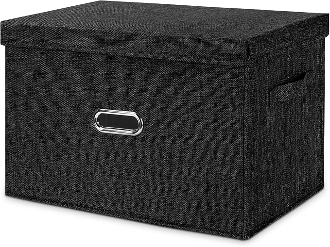 Large Linen Fabric Foldable Storage Bins with Removable Lid and Handles, Washable Storage Box Organizer Containers Baskets Cube with Cover for Bedroom,Office(Black, Extra Large)