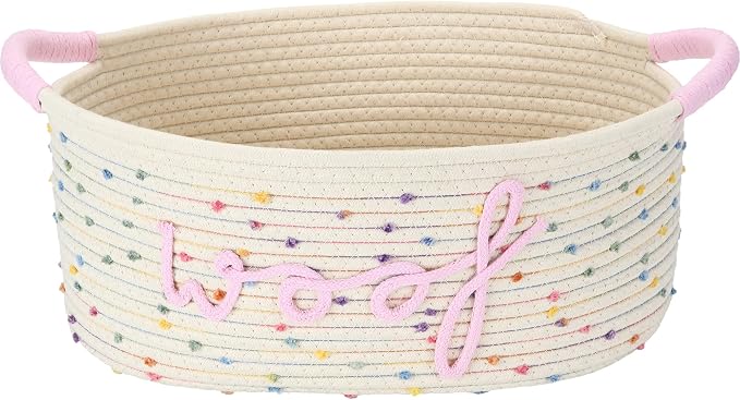 Sea Team Dog Toy Storage Basket with Handles, Rainbow Woof | Large Cotton Rope Storage Bin, Shelf Basket, Organizer for Pet Chew Toys, Foods, 16.5 x 11 x 7 Inches, 4.4 Gallons