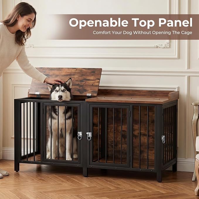 BOINN 63" Heavy Duty Dog Crate Furniture with 4 Doors, Removable Divider & Openable Top, Indoor Dog Kennel with Raised Edge Tabletop, Double Dog Cage for Medium Large Dogs, Decorative Pet Crate