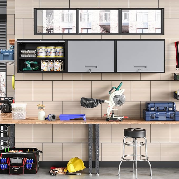 Metal Wall Cabinet with Locking Door and Shelf, Hanging Garage Cabinets with Up-Flip Doors for Garage, Warehouse, Home, Office, Assembly Required (Black Grey, One Cabinet)