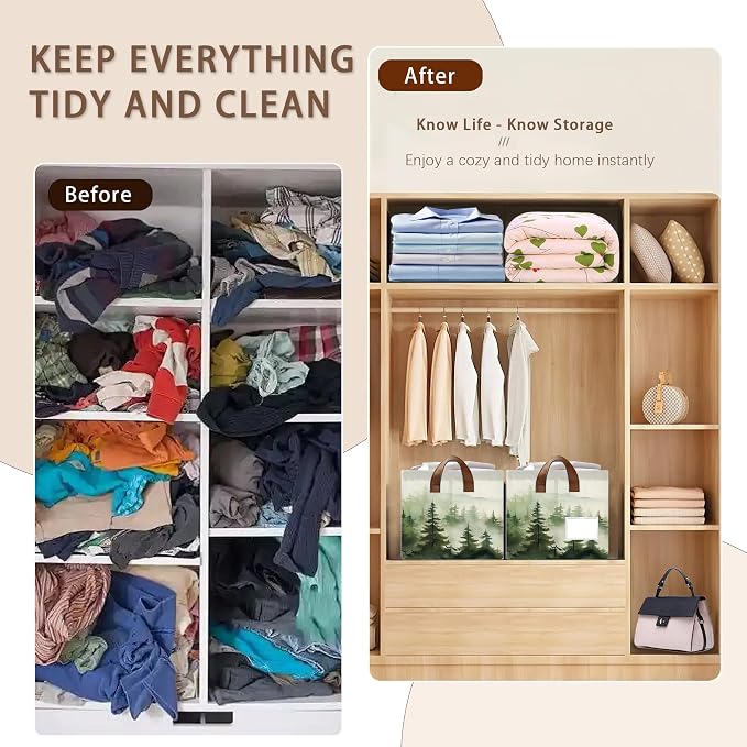 Woodland Mist Storage Basket Large 17x11.5x10.5 Inche-Collapsible Fabric Organizer Bin with Handles for Rustic Decor, Nursery, Cottage - Foldable Decorative Hamper with Foggy Forest Design-Single Pack