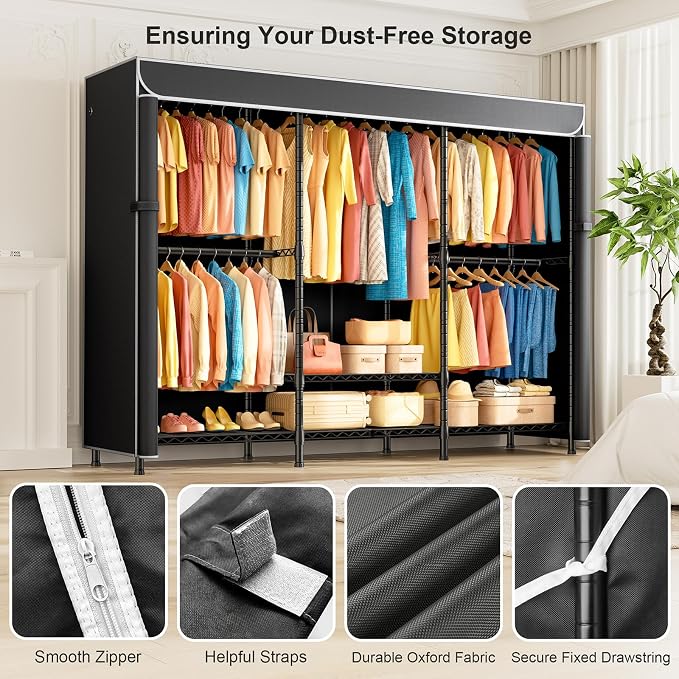 SEMHOR K01C Heavy Duty Clothes Rack with Cover Black, Max Load 860LBS | Freestanding Portable Closet System with Shelves, Adjustable Carbon Steel Garment Rack, Clothing Racks for Hanging Clothes